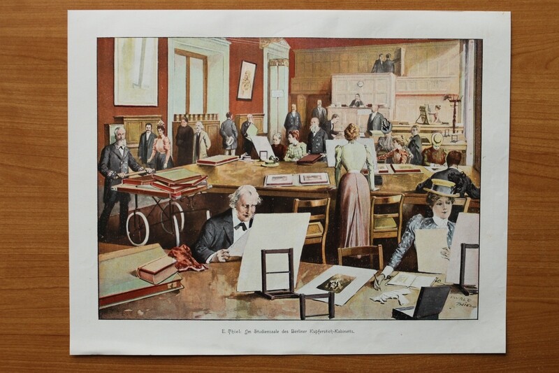 Kunst Druck und Holzstich nach Ewald Thiel 1890-1910 Im Studiensaal des Berlin Kupferstich Kabinetts Frauen Männer 35,5 x 28 cm Kunst Druck und Holzstich nach Ewald Thiel 1890-1910 Im Studiensaal des Berlin Kupferstich Kabinetts Frauen Männer 35,5 x 28 cm