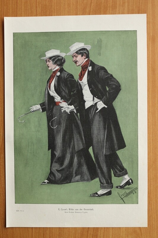 Kunst Druck nach E Cucuel 1890-1910 Bilder aus der Grossstadt New York Strassen Typen Mode USA 26 x 39 cm