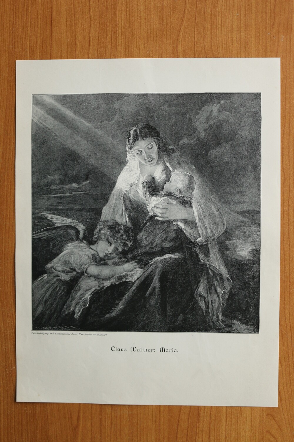 Holzstich nach Clara Walther 1890-1910 Maria Kind Engel Christkind Weihnachten 26,5 x 35 cm