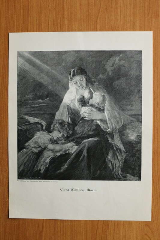 Holzstich nach Clara Walther 1890-1910 Maria Kind Engel Christkind Weihnachten 26,5 x 35 cm