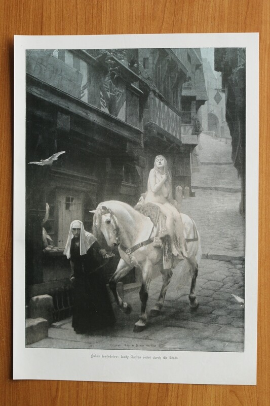 Kunst Druck nach Jules Lefebvre 1890-1910 Lady Godiva reitet durch die Stadt Akt nackt Frau Pferd 27 x 38 cm