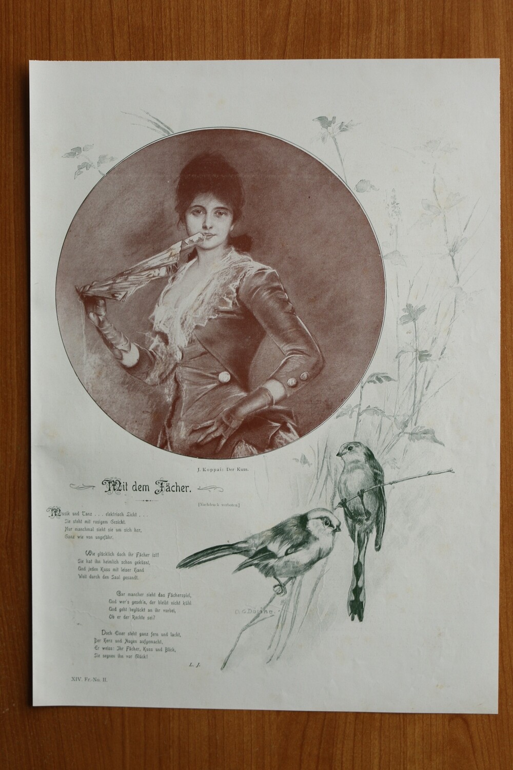 Kunst Druck nach J Koppai 1890-1910 Der Kuss mit Gedicht von L J und Vögel von G Döring 27 x 37,5 cm