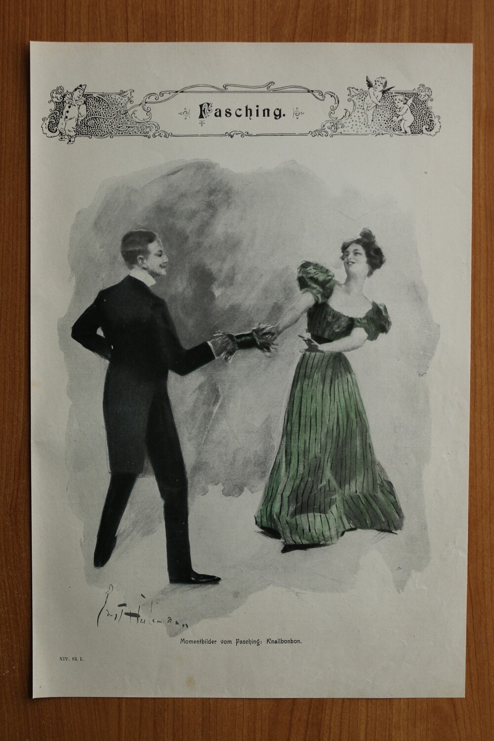 Kunst Druck nach Paul Hulemann  1890-1910 Momentbilder vom Fasching Knallbonbon 26 x 39 cm