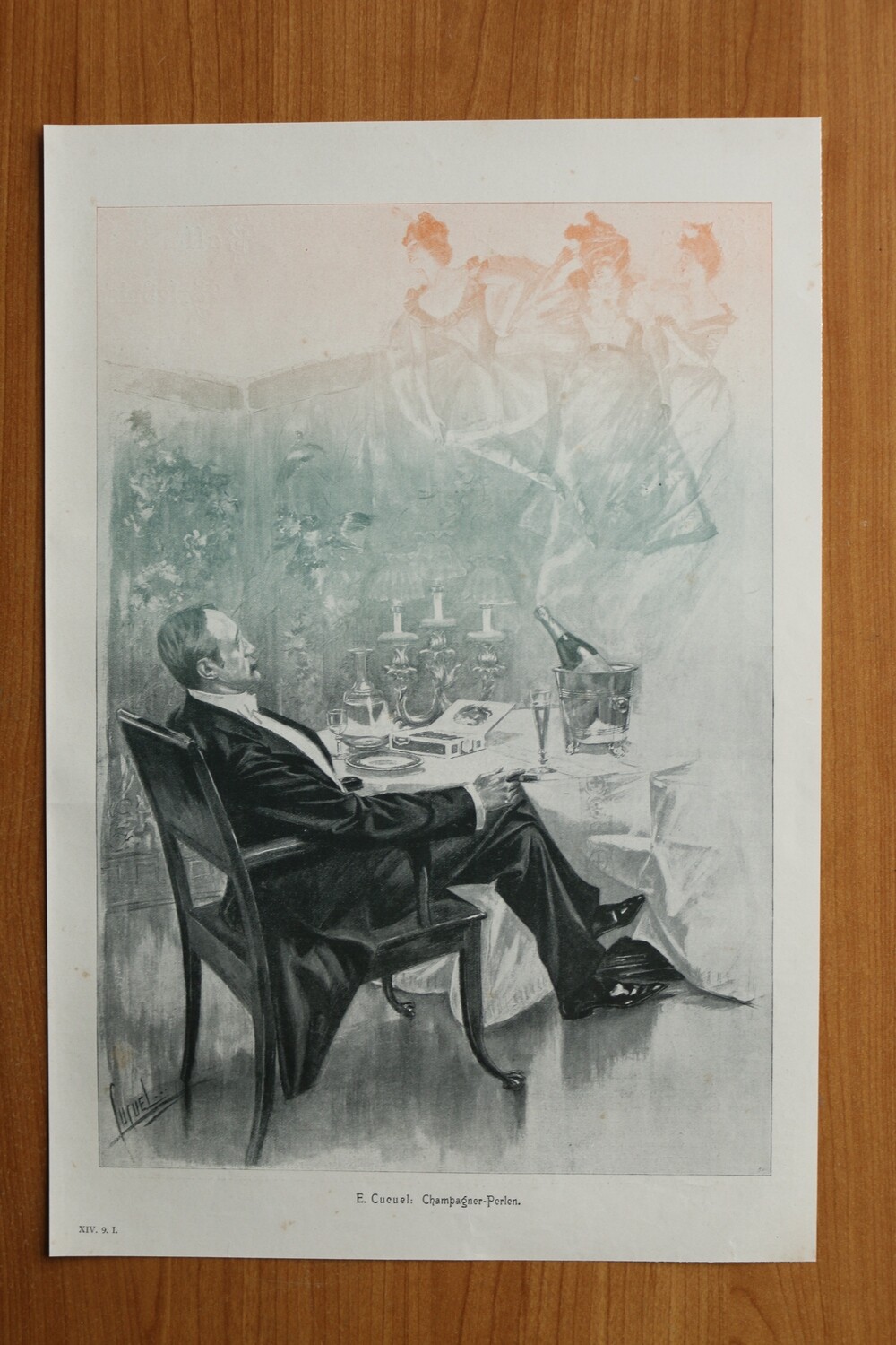 Kunst Druck nach E Cucuel 1890-1910 Champagner Perlen Alkohol betrunken Silvester 25,5 x 38 cm