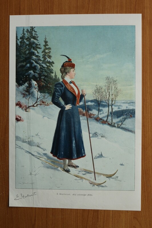 Holzstich Kunst Druck nach E Sturtevant 1890-1910 Au Schneeiger Höhe Winter Frau Ski Telemark 25,5 x 37,5 cm