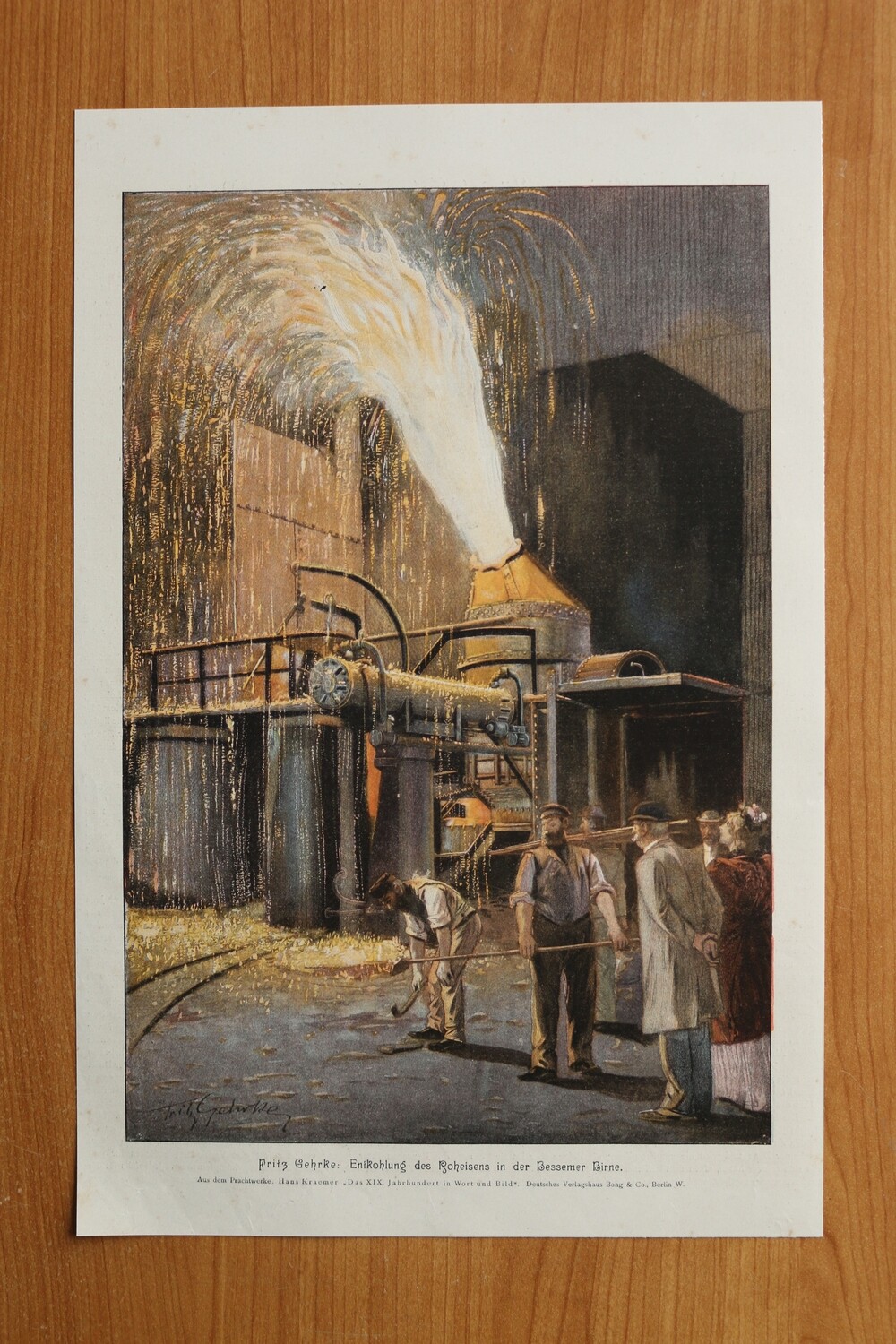 Kunst Druck nach Fritz Gehrke 1890-1910 Entkohlung des Roheisens in der Bessemer Birne Stahl Industrie 24 x 36,5 cm
