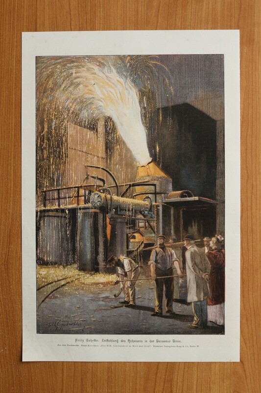 Kunst Druck nach Fritz Gehrke 1890-1910 Entkohlung des Roheisens in der Bessemer Birne Stahl Industrie 24 x 36,5 cm
