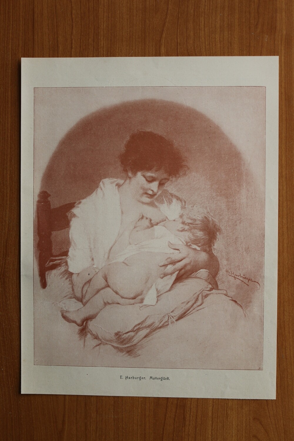 Kunst Druck nach E Harburger 1890-1910 Mutterglück Frau Kind stillen Mutter 25,5 x 34 cm