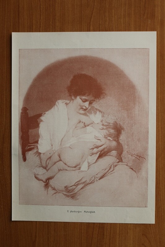 Kunst Druck nach E Harburger 1890-1910 Mutterglück Frau Kind stillen Mutter 25,5 x 34 cm