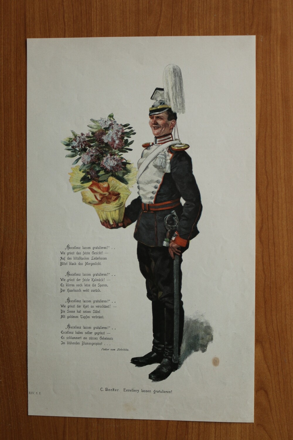 Farb Holzstich nach C Becker 1890-1910 Excellenz lassen gratulieren mit Gedicht von Fedor von Zobeltitz Ulan Soldat 22,5 x 37,5 cm