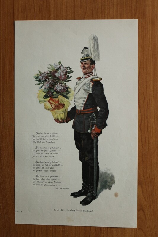 Farb Holzstich nach C Becker 1890-1910 Excellenz lassen gratulieren mit Gedicht von Fedor von Zobeltitz Ulan Soldat 22,5 x 37,5 cm Farb Holzstich nach C Becker 1890-1910 Excellenz lassen gratulieren mit Gedicht von Fedor von Zobeltitz Ulan Soldat 22,5 x 37,5 cm