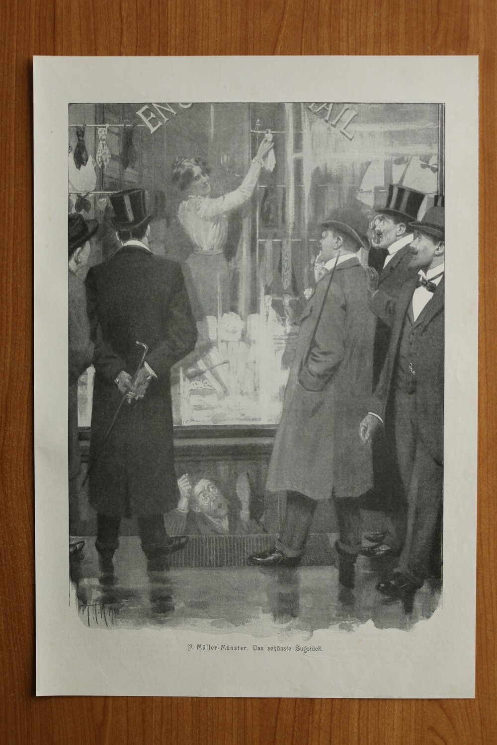 Kunst Druck nach F Müller Münster 1890-1910 Das schönste Zugstück Schaufenster Frau Männer 26 x 37,5 cm