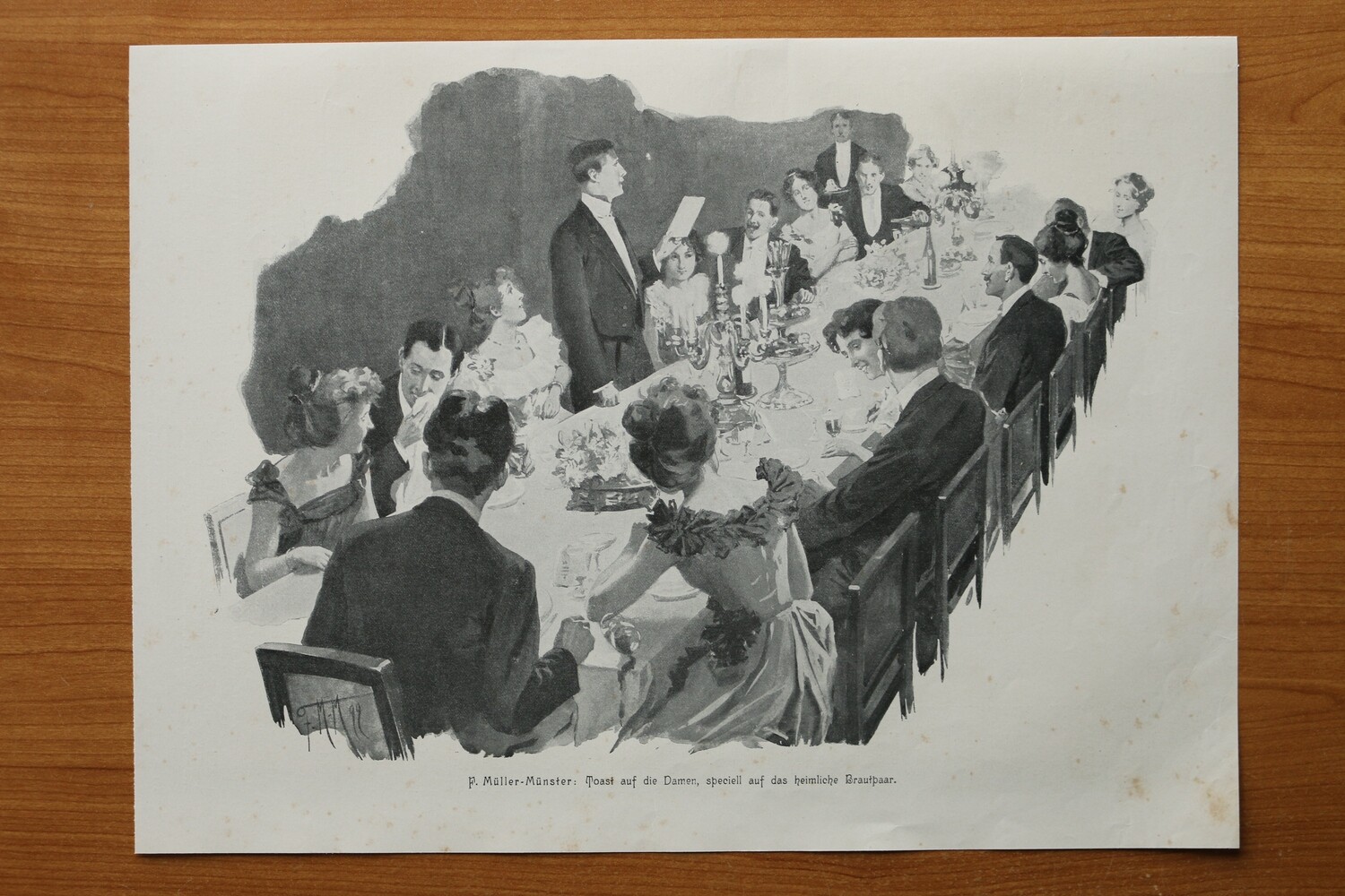 Kunst Druck nach F Müller Münster 1890-1910 Toast auf die Damen speziell auf das heimliche Brautpaar 37 x 27 cm