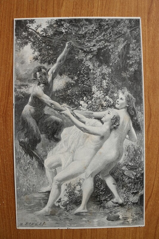 Holzstich nach Veith 1890-1910 Satyr und Nymphen Mythologie 14 x 23 cm Holzstich nach Veith 1890-1910 Satyr und Nymphen Mythologie 14 x 23 cm