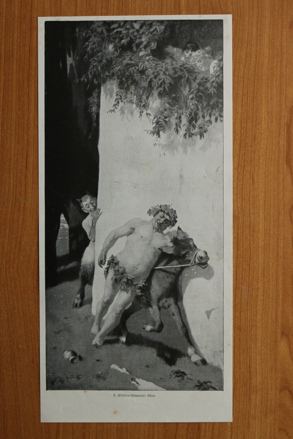 Kunst druck nach F Müller Münster 1890-1910 Silen Faun Esel Mythologie 16,5 x 35 cm