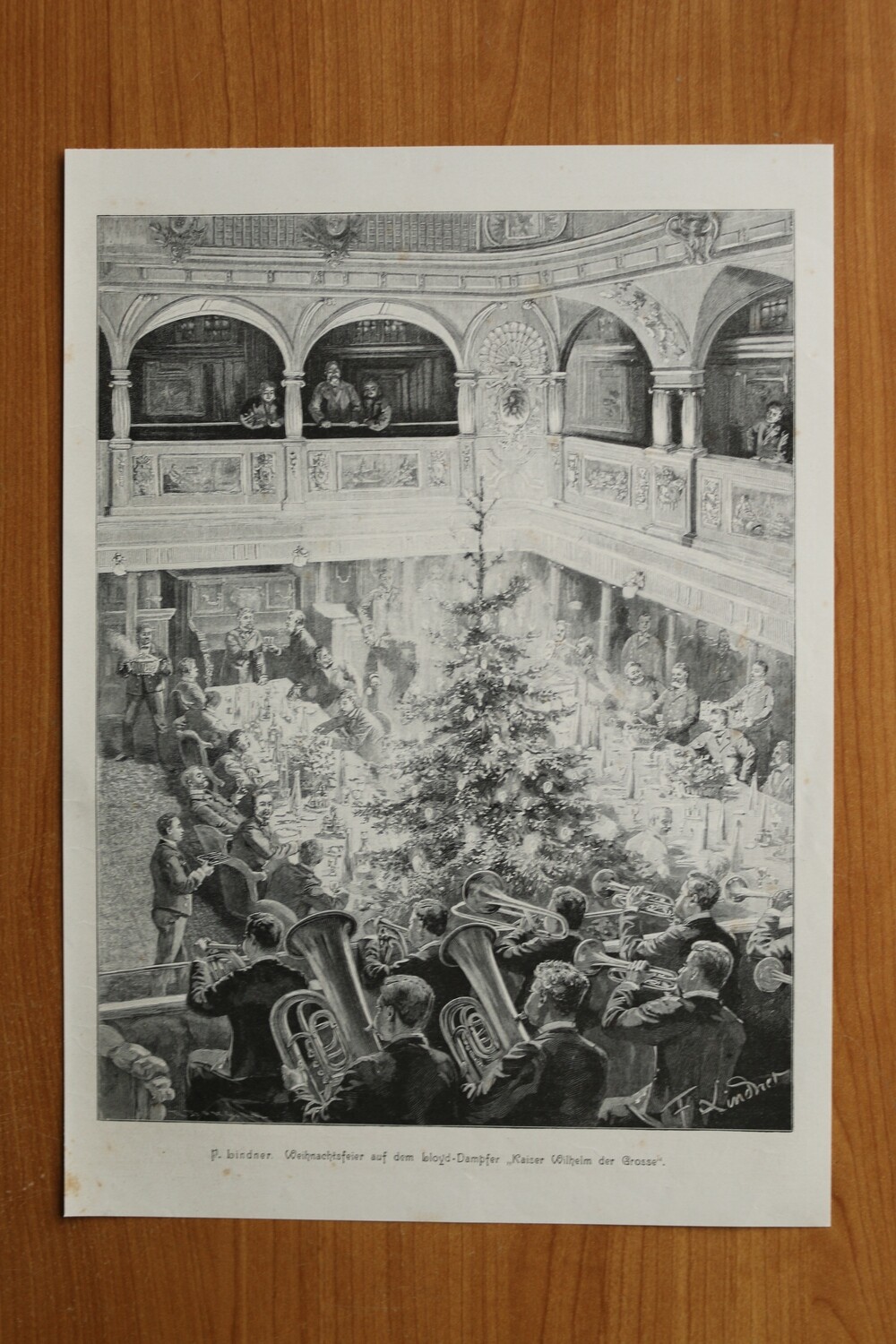 Holzstich nach F Lindner 1890-1910 Weichnachten Feier auf Lloyd Dampfer KAISER WILHELM DER GROSSE 25 x 35 cm