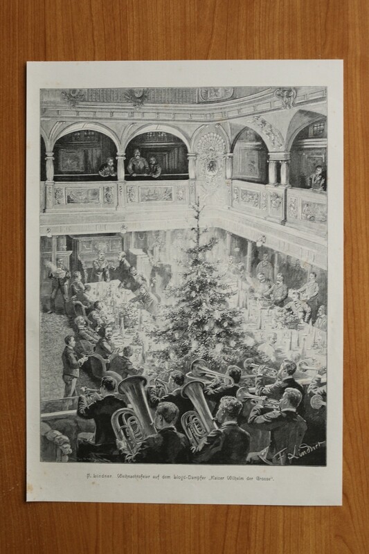 Holzstich nach F Lindner 1890-1910 Weichnachten Feier auf Lloyd Dampfer KAISER WILHELM DER GROSSE 25 x 35 cm