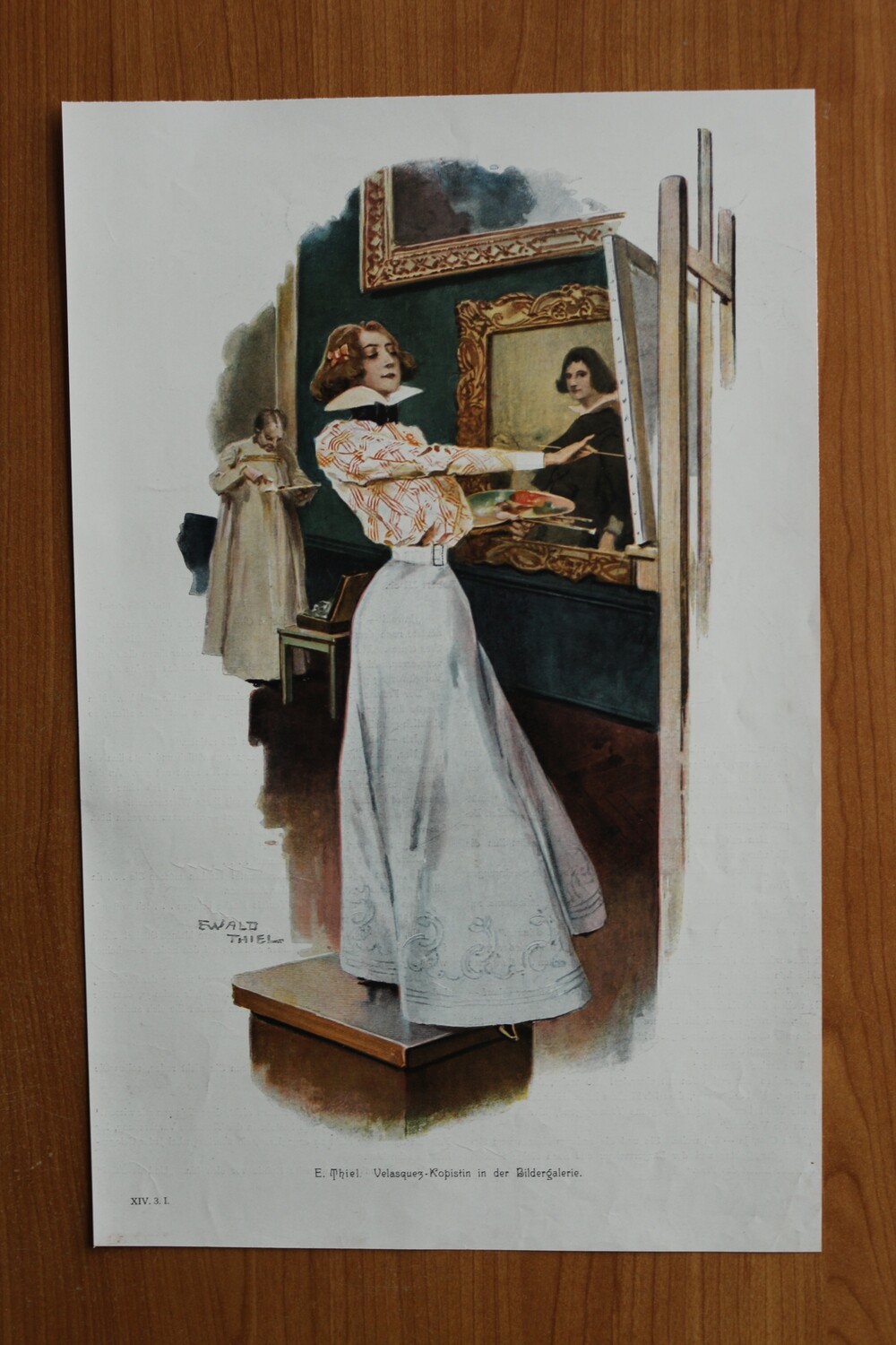 Kunst druck Holzstich nach Ewald Thiel 1890-1910 Velasquez Kopistin in der Bildergalerie Malerin Frau 24 x 37,5 cm