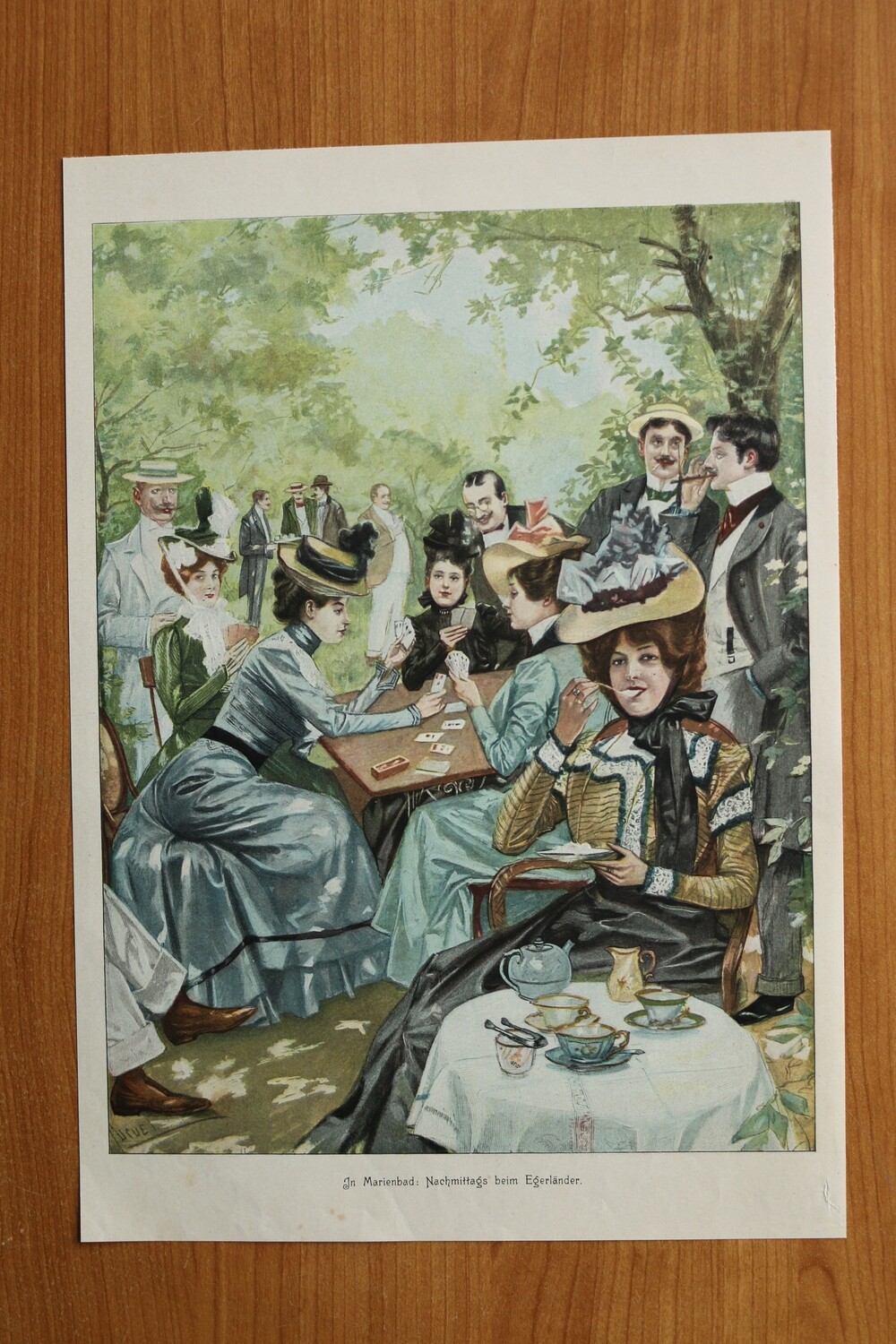 kunst Druck nach E Cucuel 1890-1910 In Marienbad Nachmittags beim Egerländer Frauen Kartenspiel Cafe Tschechien 25 x 35,5 cm