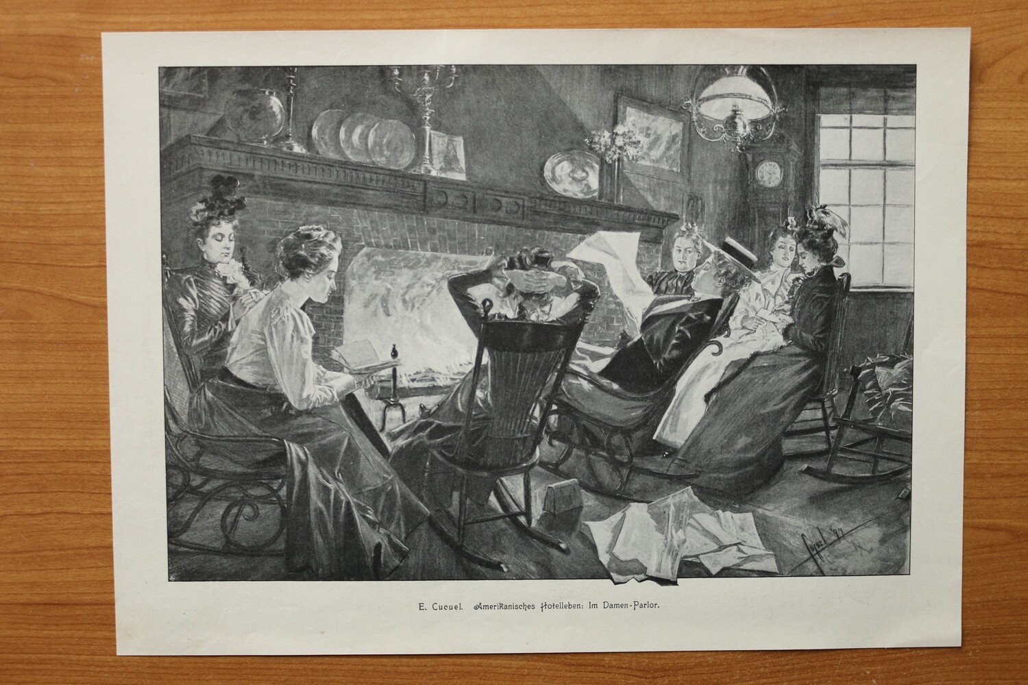 Kunst Druck nach E Cucuel 1890-1910 Amerikanisches Hotel Leben Damen Parlor USA 36,5 x 26,5 cm