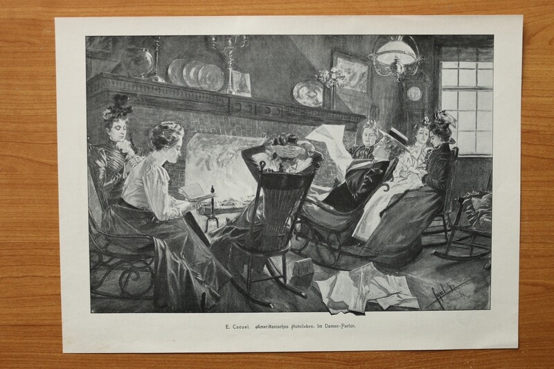 Kunst Druck nach E Cucuel 1890-1910 Amerikanisches Hotel Leben Damen Parlor USA 36,5 x 26,5 cm