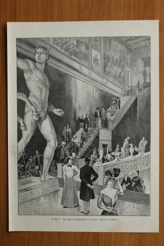 Holzstich nach Ewald Thiel 1890-1910 Großes Treppenhaus im Neuen Museum Berlin Architektur Skulptur 26 x 36,5 cm