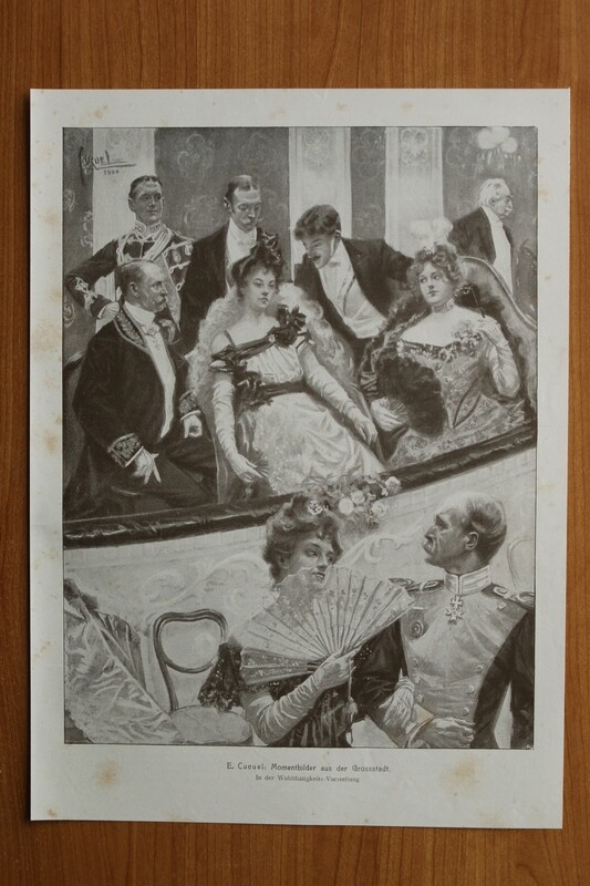 Kunst Druck nach E Cucuel 1890-1910 Momentbilder aus der Großstadt Theater Mode 26 x 36 cm