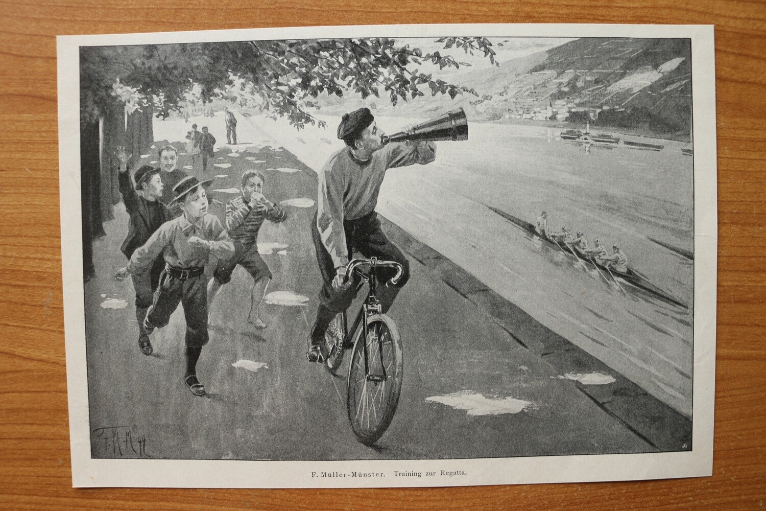 Kunst Druck nach F Müller Münster 1890-1910 Training zur Regatta Rudern 4er Fahrrad Sport 24 x 17 cm