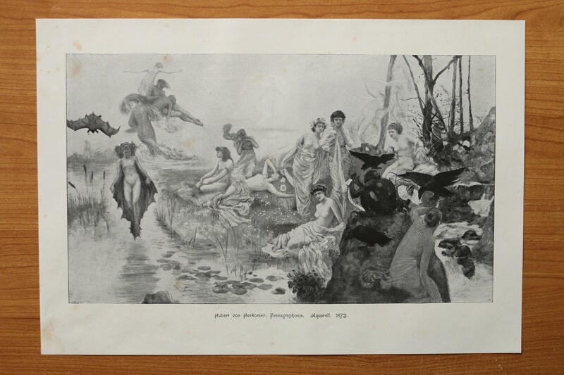 Kunst Druck nach Hubert von Herkomer (Aquarell 1873) 1890-1910 Feensymphonie Fee Frauen Akt Mythologie 36 x 25 cm