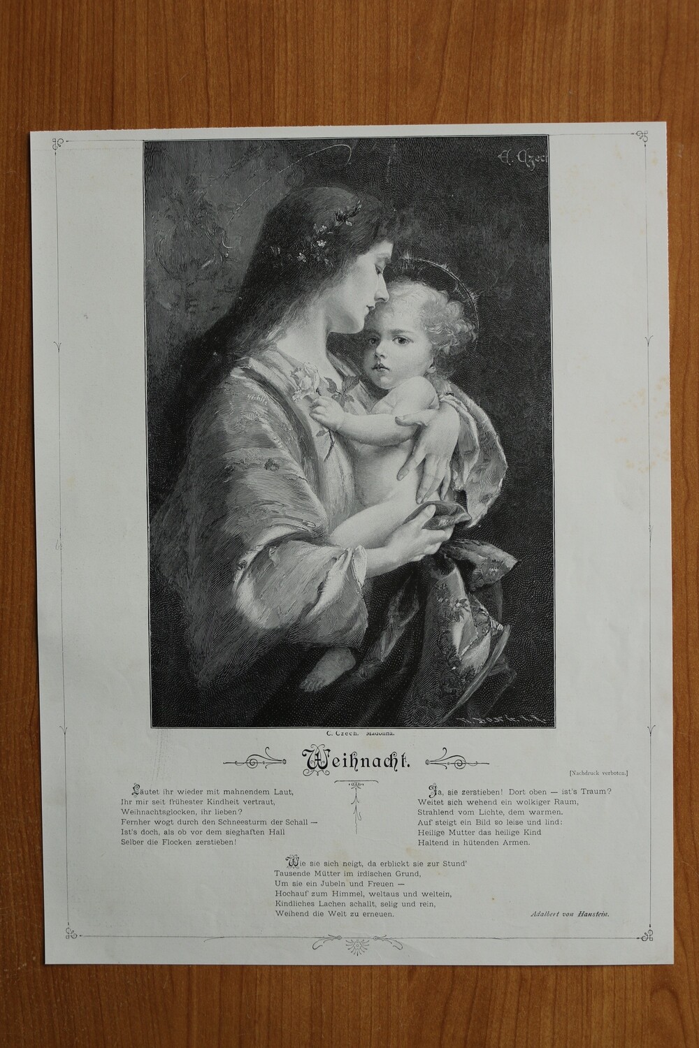 Holzstich nach C Czech 1890-1910 Madonna mit Gedicht Weihnacht von Adalbert von Hanstein 26 x 34 cm