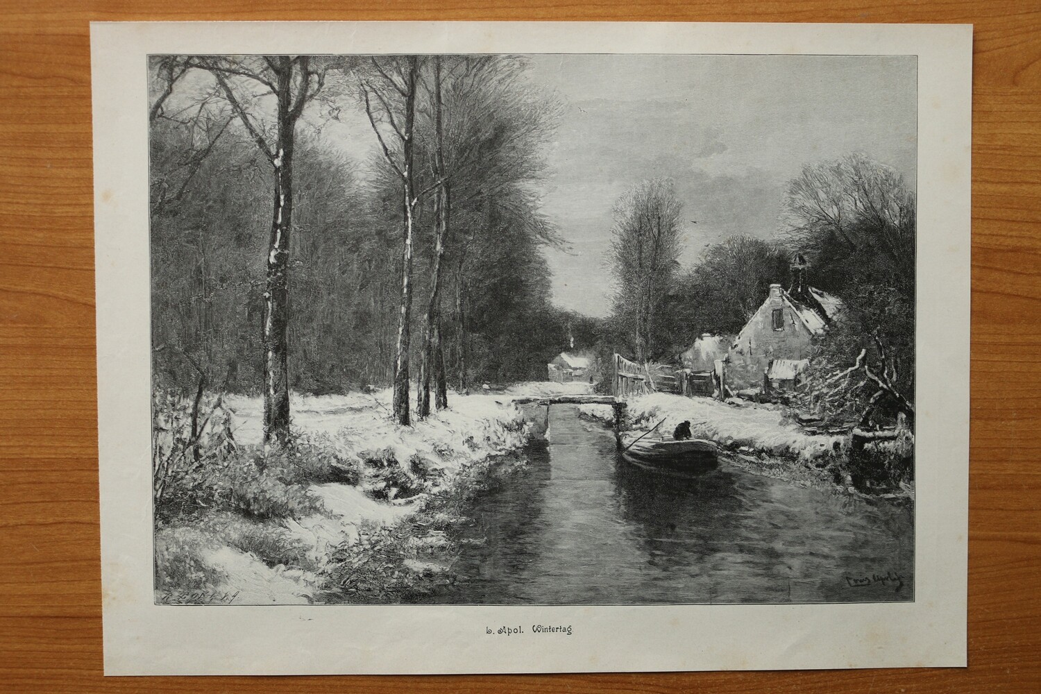 Holzstich nach Louis Apol 1890-1910 Wintertag Landschaft Fluss Haus 36 x 27 cm