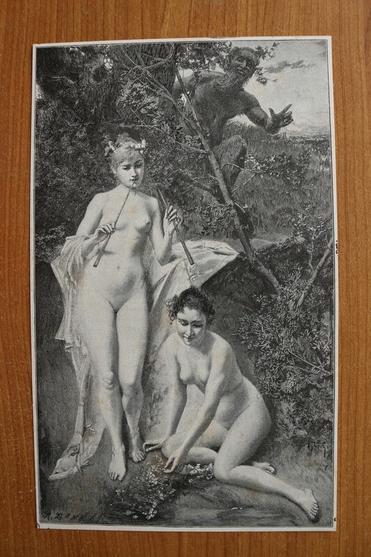 Holzstich nach Veith 1890-1910 Euterpe Mythologie Satyr Frauen nackt 14 x 23 cm Holzstich nach Veith 1890-1910 Euterpe Mythologie Satyr Frauen nackt 14 x 23 cm
