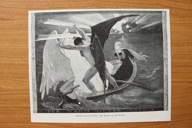 Kunst Druck nach Gräfin Kraszewska 1890-1910 Der Kampf ums Steuer Engel Teufel Frau Schiff 20 x 16 cm