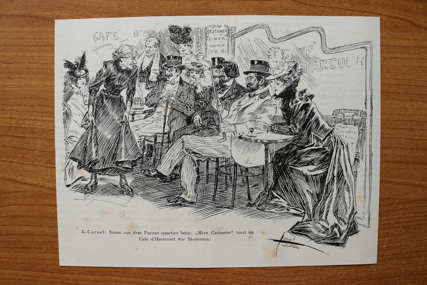 Holzstich nach Cucuel 1890-1910 Paris Quartier Latin Mère Cacimere tanzen vor Studenten im Cafe d´Hartcourt Mode 19 x 14,5 cm