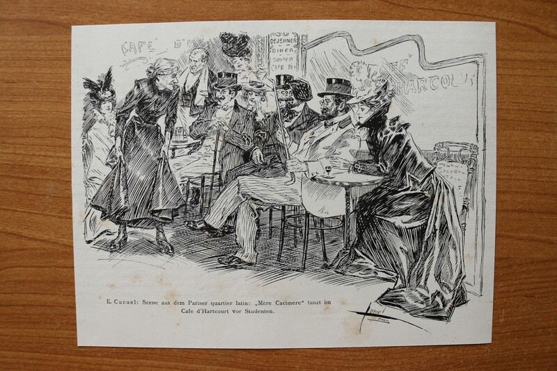 Holzstich nach Cucuel 1890-1910 Paris Quartier Latin Mère Cacimere tanzen vor Studenten im Cafe d´Hartcourt Mode 19 x 14,5 cm Holzstich nach Cucuel 1890-1910 Paris Quartier Latin Mère Cacimere tanzen vor Studenten im Cafe d´Hartcourt Mode 19 x 14,5 cm