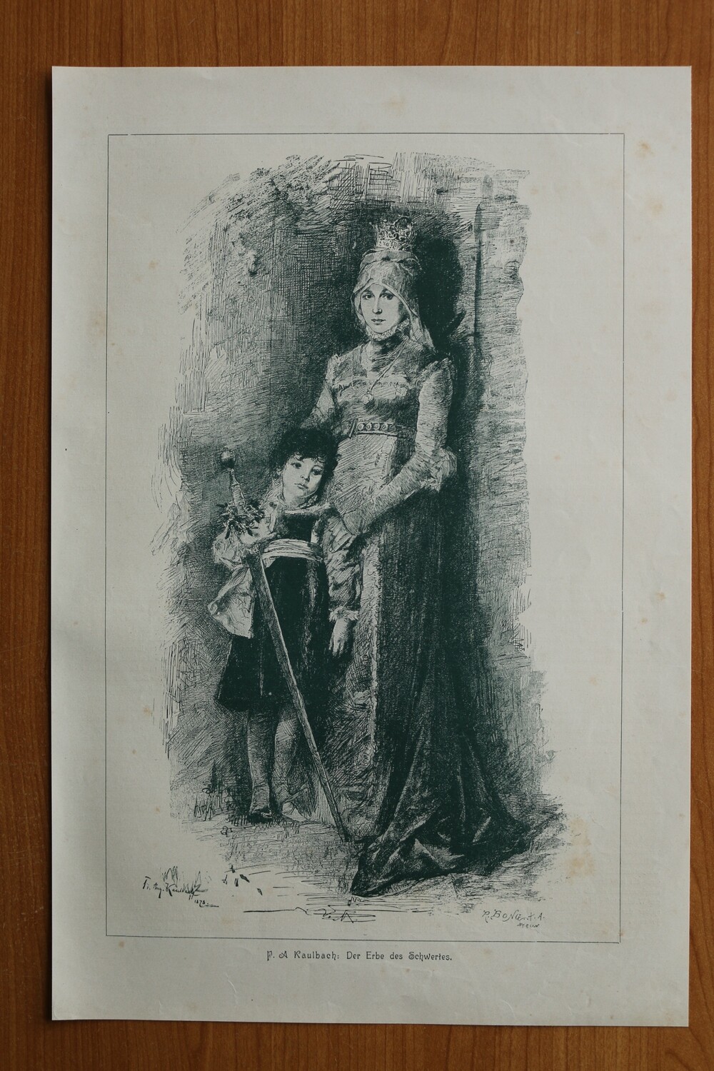Holzstich nach F A Kaulbach 1890-1910 Der Erbe des Schwertes Mittelalter Kind Frau 26 x 39 cm