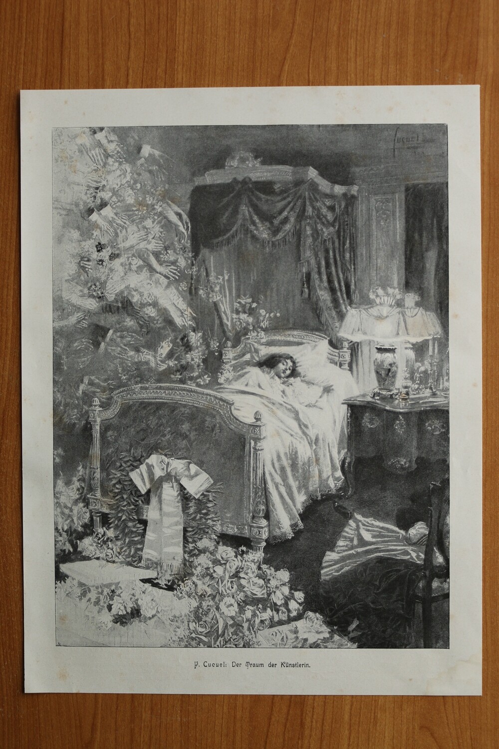 Kunst Druck nach E Cucuel 1890-1910 Der Traum der Künstlerin Frau Bett schlafen 26,5 x 35 cm