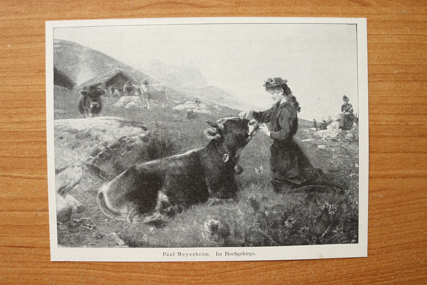 Kunst Druck nach Paul Meyerheim 1890-1910 Im Hochgebirge Kuh Frauen Landschaft 17 x 12,5 cm
