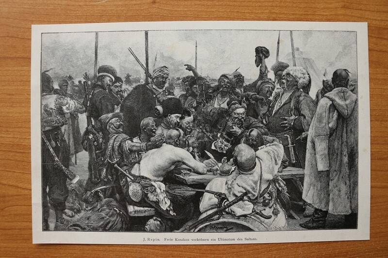 Holzstich nach J Repin 1890-1910 Freie Kosaken verhöhnen ein Ultimatum des Sultans Soldaten 25,5 x 16,5 cm