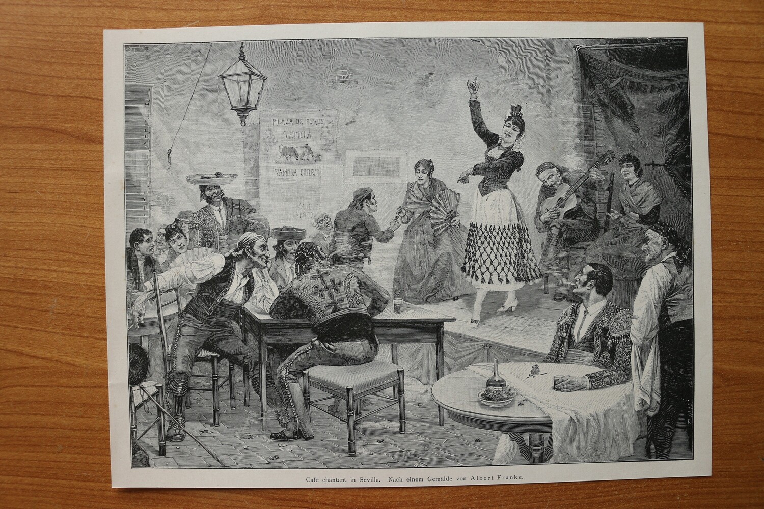 Holzstich nach Gemälde von Albert Franke 1890-1910 Café chantant in Sevilla Flamenco Tänzerin Spanien 25,5 x 19,5 cm
