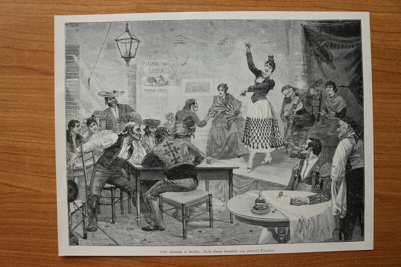 Holzstich nach Gemälde von Albert Franke 1890-1910 Café chantant in Sevilla Flamenco Tänzerin Spanien 25,5 x 19,5 cm