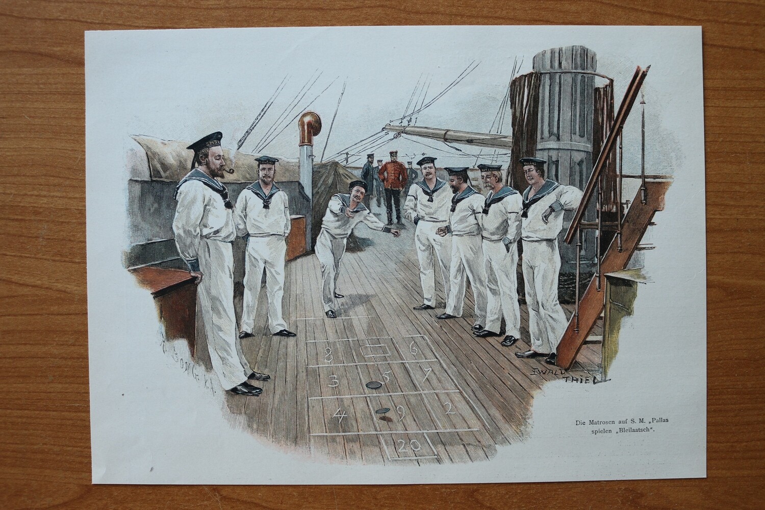 Farb Holzstich nach Ewald Thiel 1890-1910 Die Matrosen auf S. M. PALLAS spielen Bleilaatsch Marine Schiff 26 x 19 cm