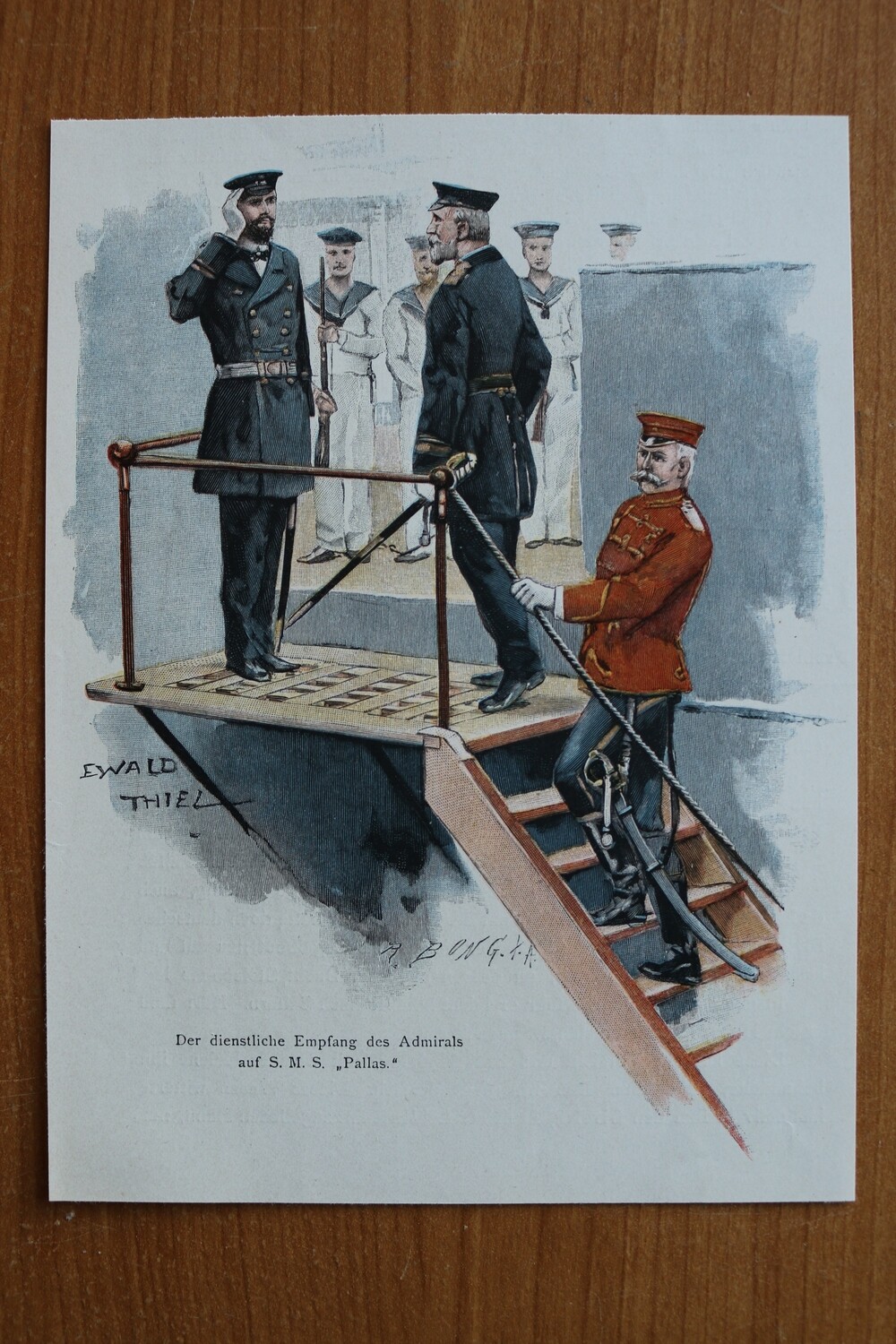 Farb Holzstich nach Ewald Thiel 1890-1910 Empfang des Admiral S.M.S. Pallas Schiff Marine Offiziere 14 x 19 cm