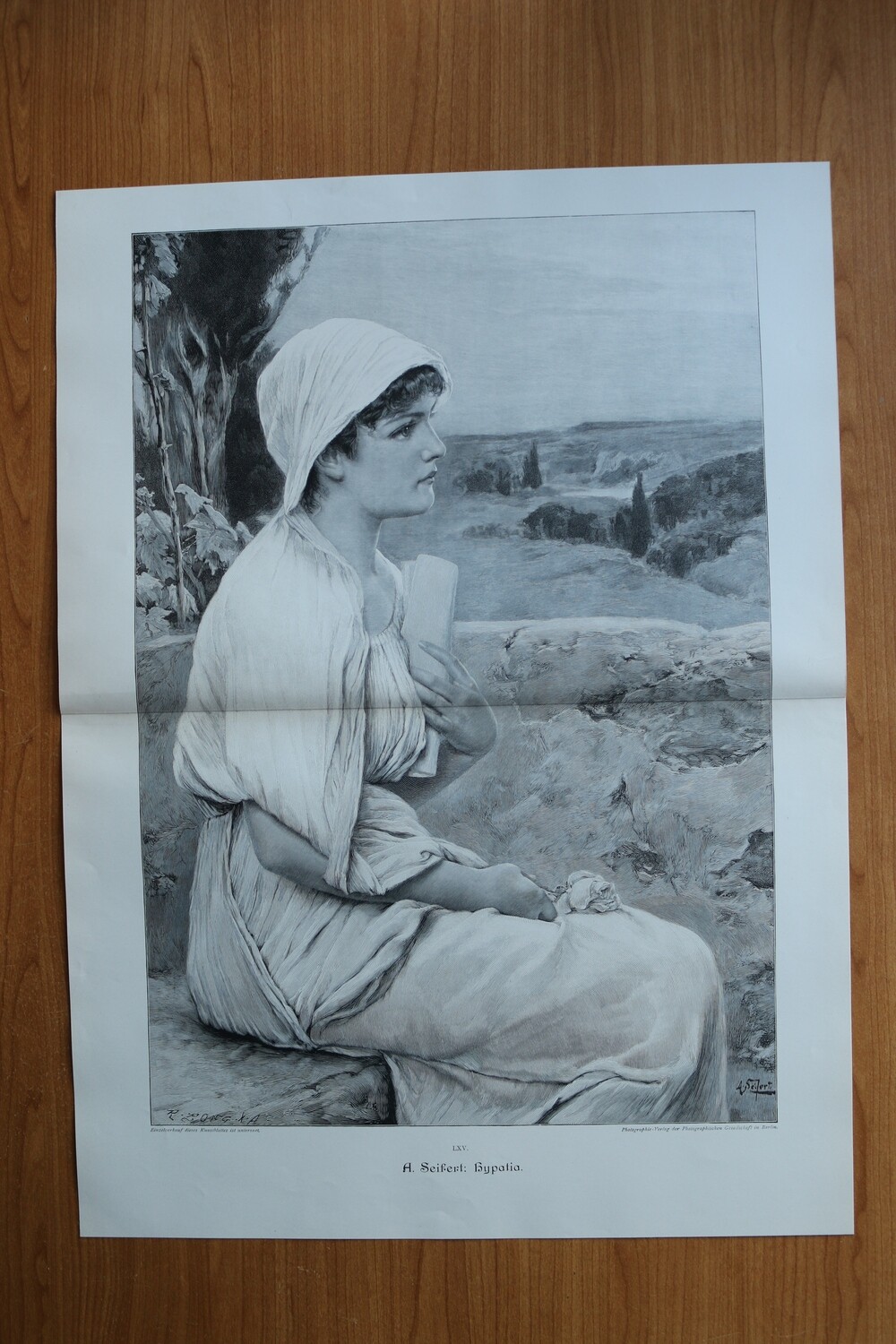 Holzstich nach A Seifert 1890-1910 Hypatia Mathematik Astronomie Griechenland 51 x 37 cm