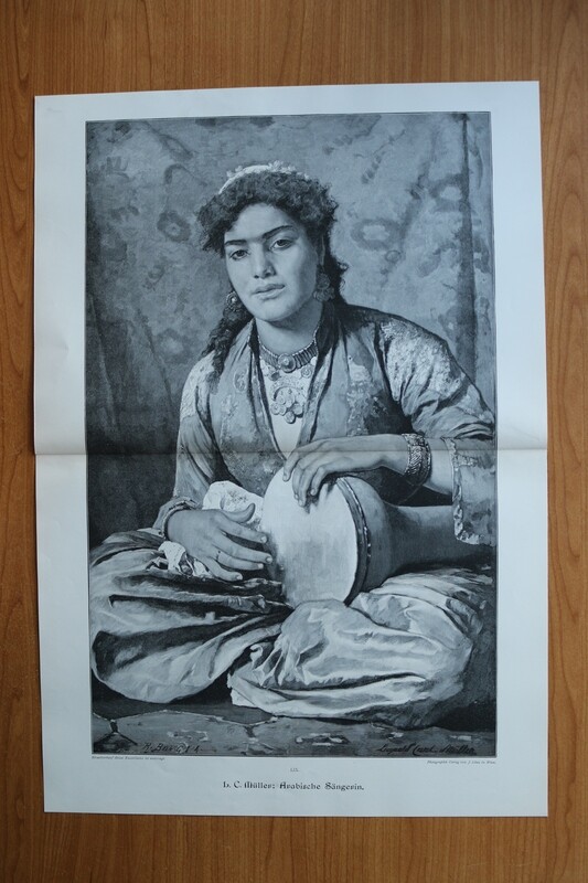 Holzstich nach Leopold C Müller1890-1910 Arabische Sängerin Musik Frau Trommel 51,5 x 36 cm