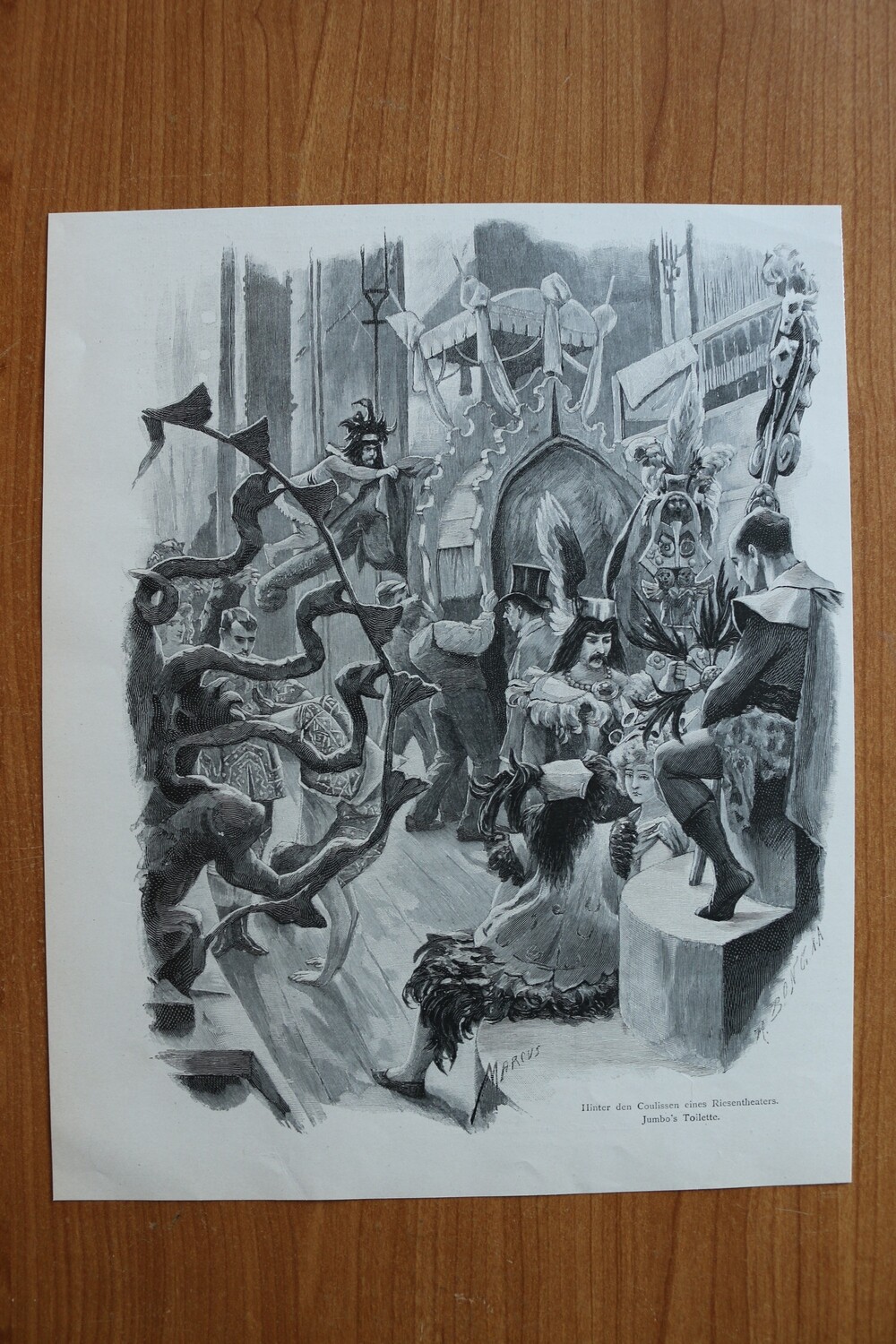 Holzstich nach Marcus 1890-1910 Hinter den Kulissen eines Theaters Jumbo´s Toilette 22 x 27 cm