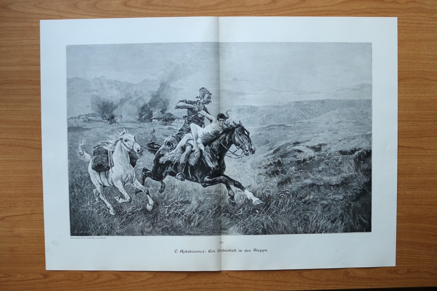 Holzstich nach T Ajdukiewicz 1890-1910 Ein Überfall in der Steppe Pferde Frau rauben 51 x 36 cm