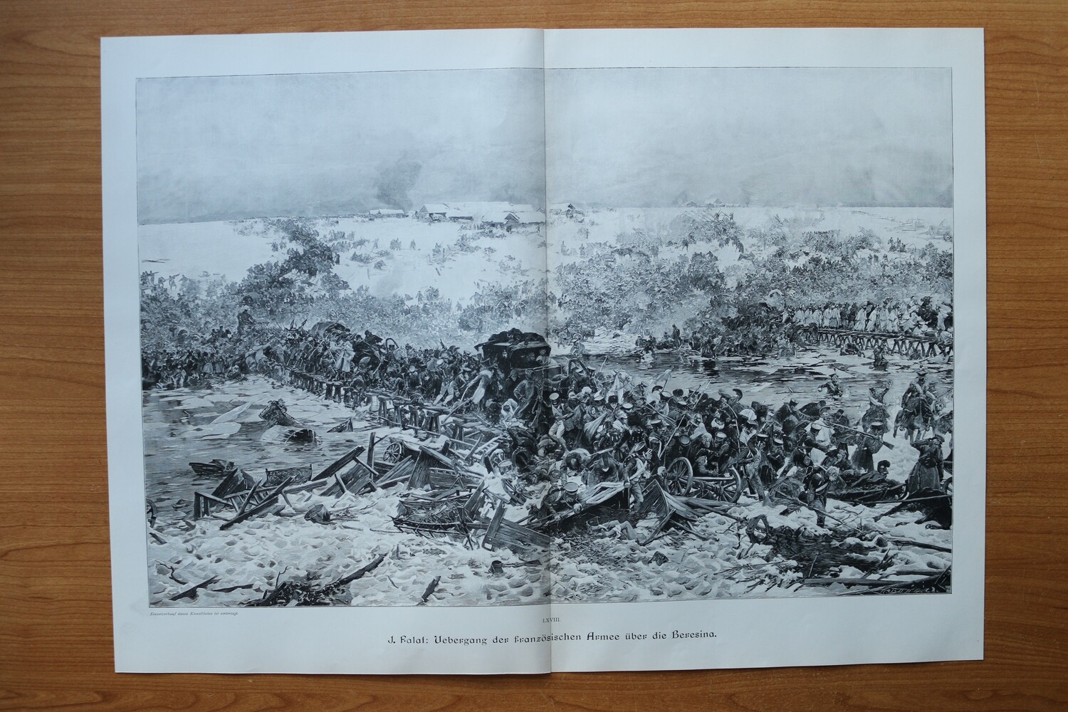 Holzstich nach J Falat 1890-1910 Übergang der französischen Armee über die Beresina Polen Soldaten Krieg 52 x 38 cm