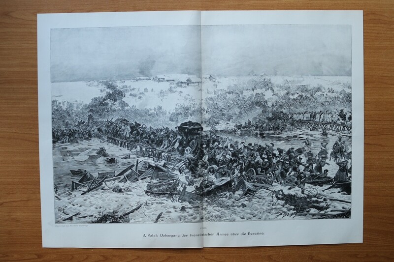 Holzstich nach J Falat 1890-1910 Übergang der französischen Armee über die Beresina Polen Soldaten Krieg 52 x 38 cm
