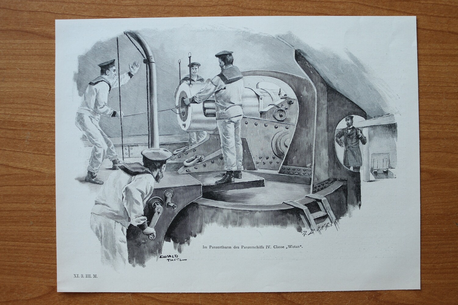 Holzstich nach Ewald Thiel 1890-1910 Panzerturm Panzerschiff IV Classe WOTAN Matrosen Geschütz Schiff Marine 26 x 19,5 cm
